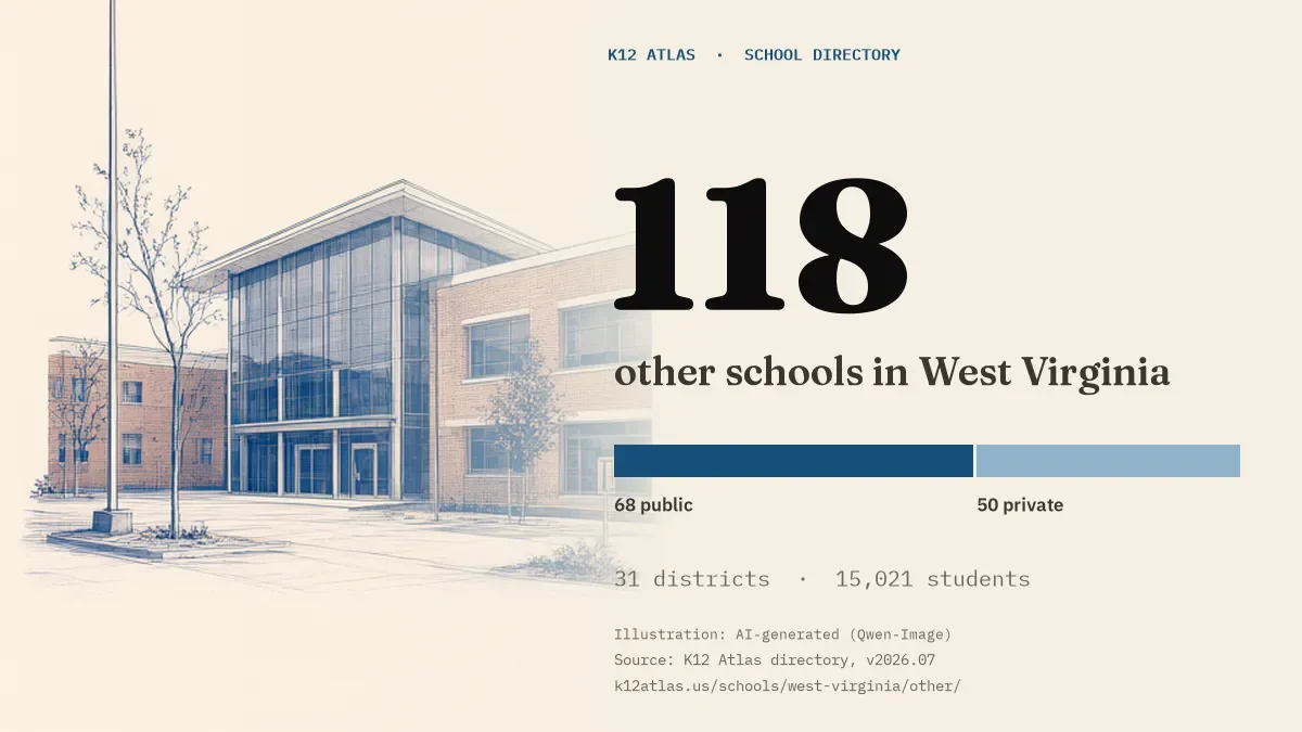 118 other schools in West Virginia: 68 public and 50 private, across 31 districts with 15,021 students.
