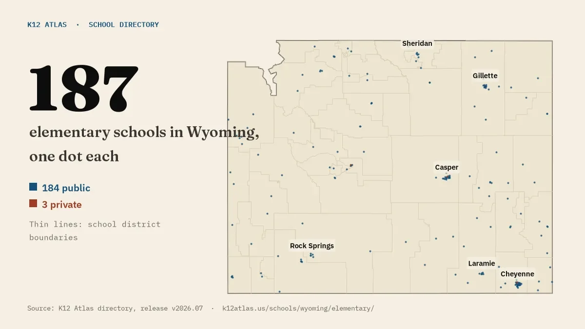 Map of Wyoming with one dot for each of its 187 mapped elementary schools, over school district boundaries.