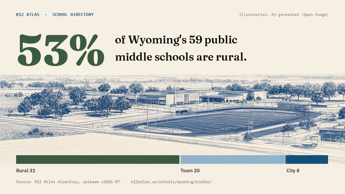 53% of Wyoming's 59 public middle schools are rural (rural 31, town 20, suburb 0, city 8).