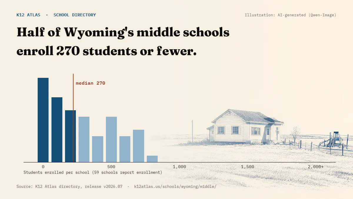 Histogram of enrollment: half of Wyoming's middle schools enroll 270 students or fewer (59 schools report enrollment).