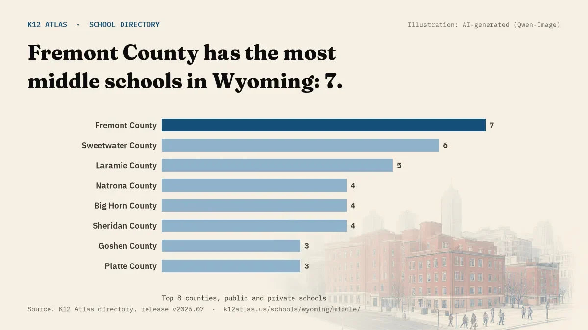 Bar chart of Wyoming counties by number of middle schools: Fremont County has the most, 7.